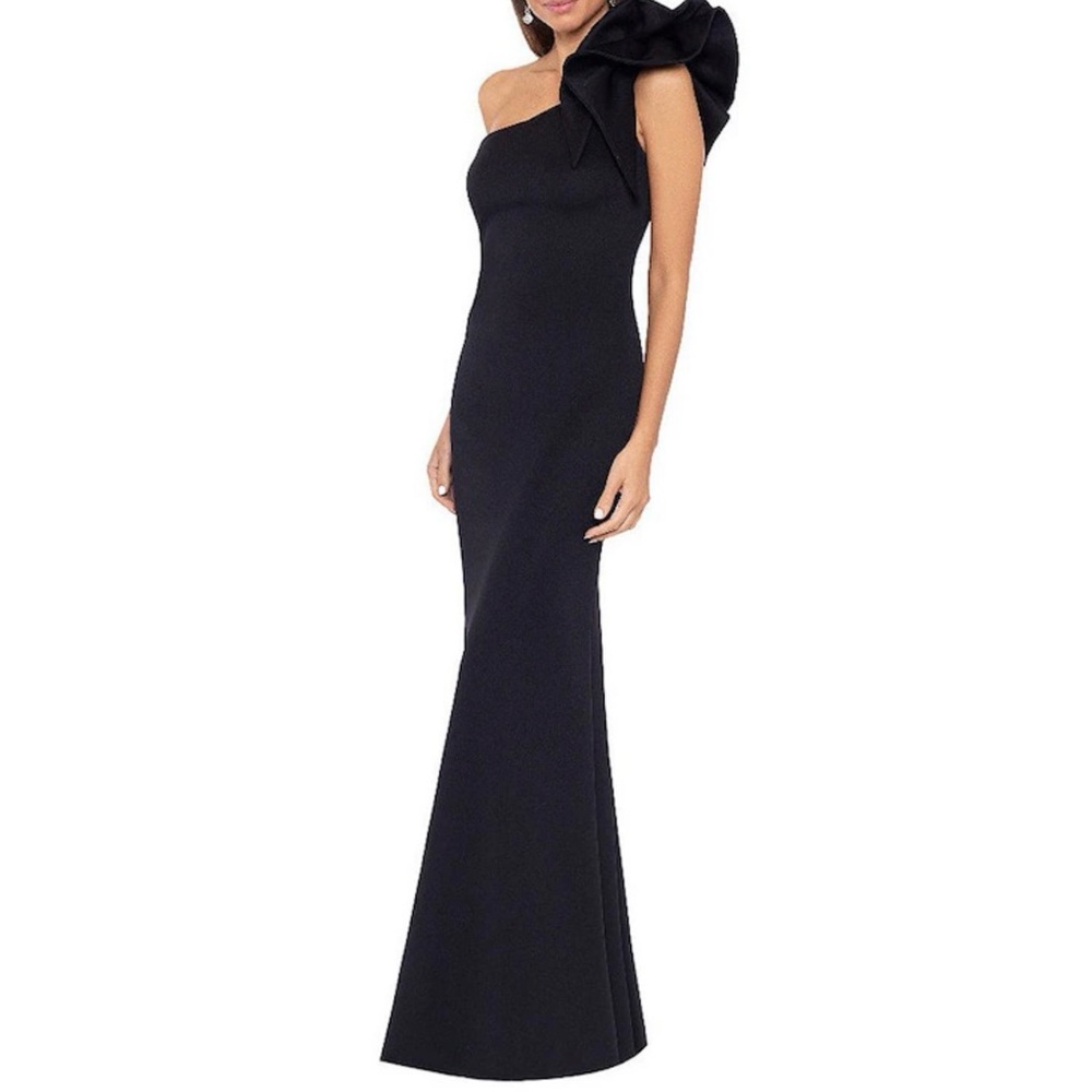 Betsy & Adam Black One-Shoulder Gown